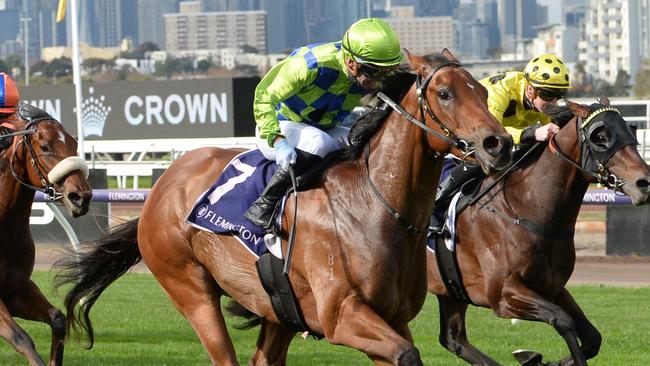 Wonder Boy ridden by Luke Currie wins the RDA Peninsula Jenny Stidston Sprint at Flemington Racecourse on June 08, 2024 in Flemington, Australia. (Photo by Ross Holburt/Racing Photos)