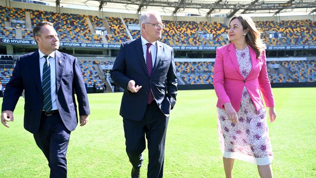 Brisbane Lord Mayor Adrian Schrinner, Prime Minister Scott Morrison and Queensland Premier Annastacia Palaszczuk. Picture: NCA NewsWire/Dan Peled