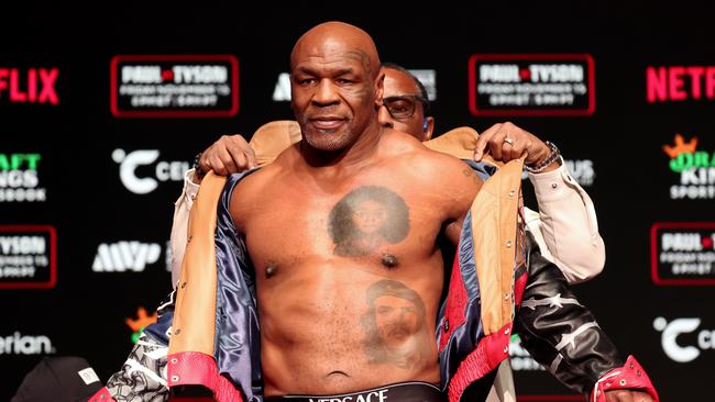 DALLAS, TEXAS - NOVEMBER 14: Mike Tyson attends the weigh-in for LIVE on Netflix: Jake Paul vs. Mike Tyson at the Toyota Music Factory on November 14, 2024 in Dallas, Texas. (Photo by Brett Carlsen/Getty Images for Netflix ÃÂ© 2024)