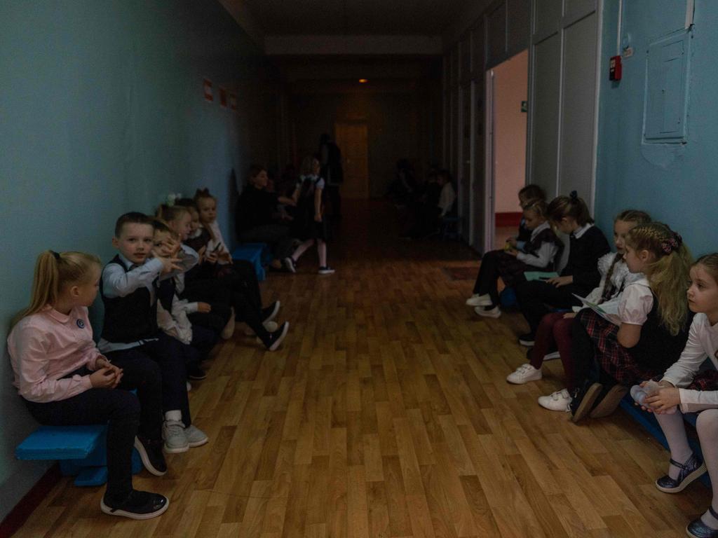 Pupils shelter in a school building during an air alarm in Kursk on October 17, 2024. It is predicted that North Korea will send the first round of troops to this region. Picture: AFP