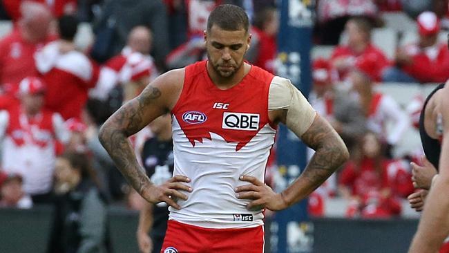 Lance Franklin after the loss, the Swans are now 0-6. Picture: Wayne Ludbey