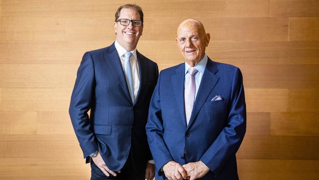 Solomon Lew with his incoming Premier Investments chief executive, Richard Murray, in Melbourne. Picture: Aaron Francis