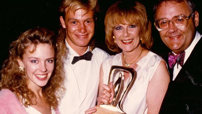 Neighbours stars Kylie Minogue, Jason Donovan, Anne Charleston and Ian Smith. Picture: Supplied