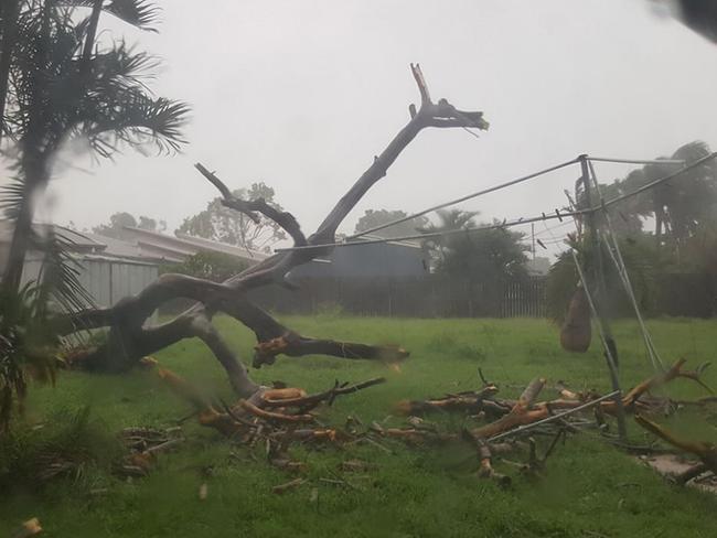 Destruction begins in Bowen which is expected to be among the worst affected areas. Facebook user Tracy Levett posted this image of her backyard in Bowen, Queensland. Picture: Tracy Levett/Facebook