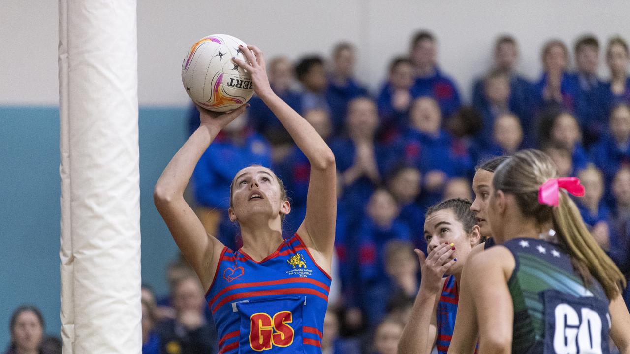 Anne Fitzgerald of Downlands First VII against St Ursula's Senior A in Merici-Chevalier Cup netball at Salo Centre, Friday, July 19, 2024. Picture: Kevin Farmer