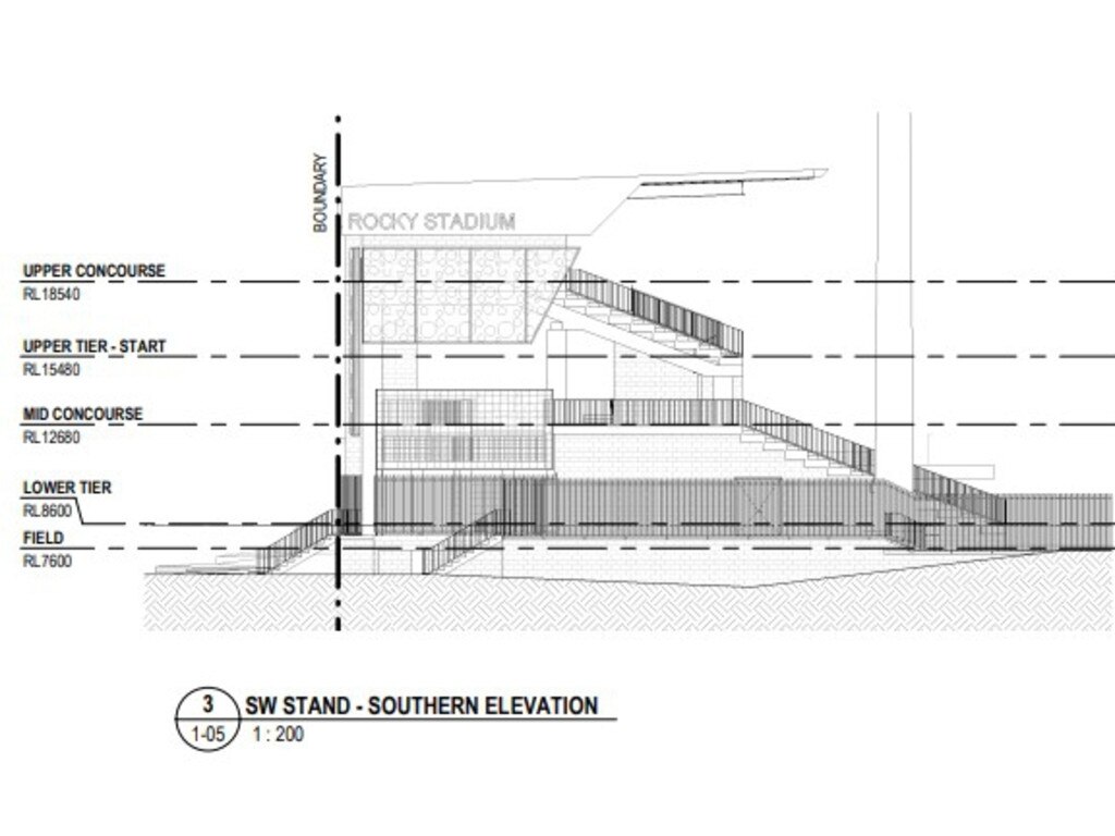 South-west elevations of the three tiers of the Rocky Stadium.