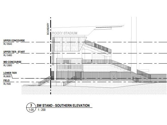 South-west elevations of the three tiers of the Rocky Stadium.