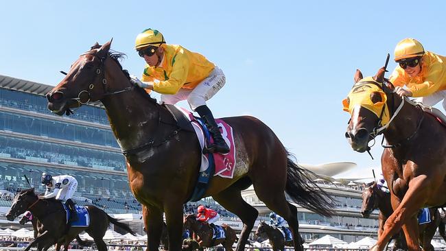 Estriella ridden by Blake Shinn wins the Inglis Sprint at Flemington Racecourse on March 02, 2024 in Flemington, Australia. (Photo by Reg Ryan/Racing Photos via Getty Images)