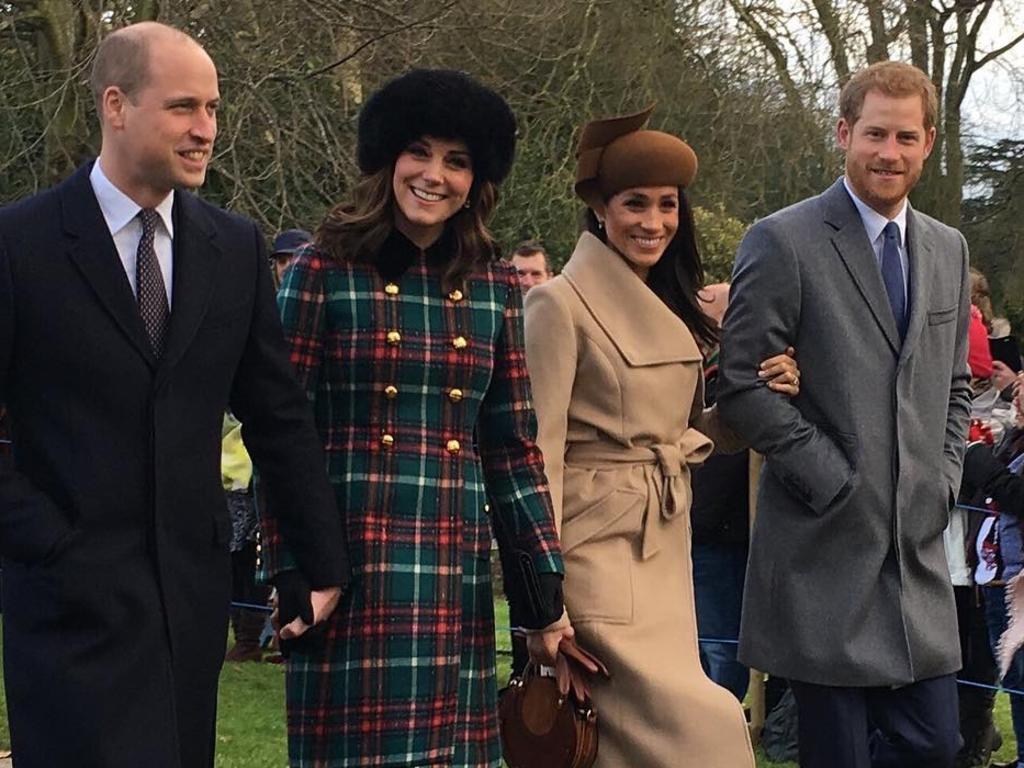 William, Kate, Meghan and Harry at Sandringham on Christmas Day last year. This year they’ll be at separate celebrations. Picture: Twitter/Karen Anvil