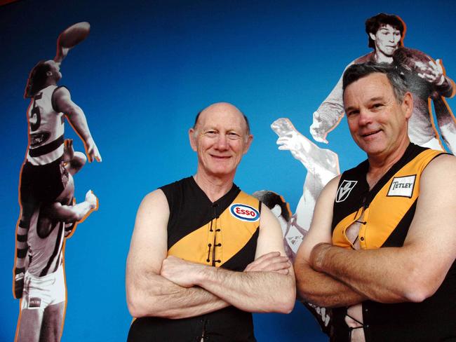 Former Richmond players Kevin Bartlett, and Francis Bourke in their original lace-up footy guernseys.