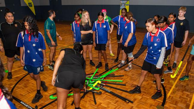 Olympians and scholarship coaches run training sessions for Katherine youth at RAAF Base Tindal. Picture: Pema Tamang Pakhrin