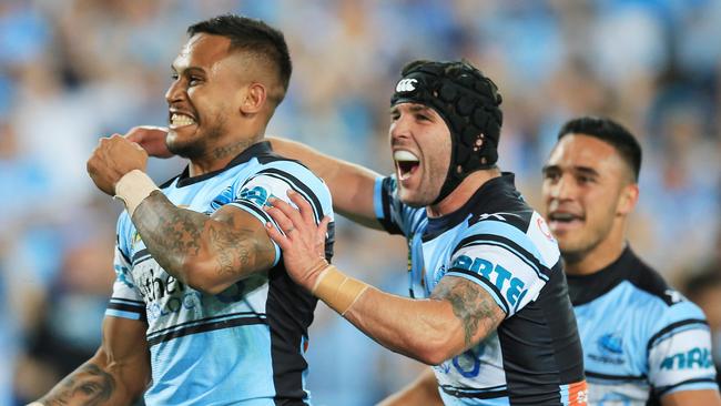 Just over a month ago, Ben Barba with Mick Ennis after scoring in the grand final. pic Mark Evans