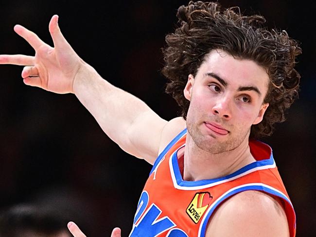 OKLAHOMA CITY, OKLAHOMA - MARCH 29: Josh Giddey #3 of the Oklahoma City Thunder reacts after a three pointer during the second half against the Phoenix Suns at Paycom Center on March 29, 2024 in Oklahoma City, Oklahoma. NOTE TO USER: User expressly acknowledges and agrees that, by downloading and or using this Photograph, user is consenting to the terms and conditions of the Getty Images License Agreement. (Photo by Joshua Gateley/Getty Images)