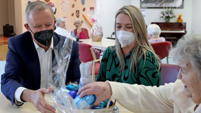 Anthony Albanese and partner Jodie Haydon spreading Easter joy at Bolton Clarke Fairways Retirement Living and Residential Aged Carelast year. Picture: Toby Zerna