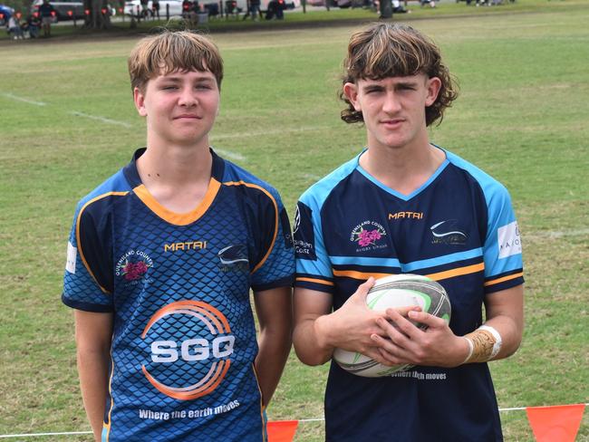Sunshine Coast under-14 boys players Mitchel Van Dyke and Zac Zeremes at the Queensland Country Rugby Championships in Rockhampton on June 29, 2024.