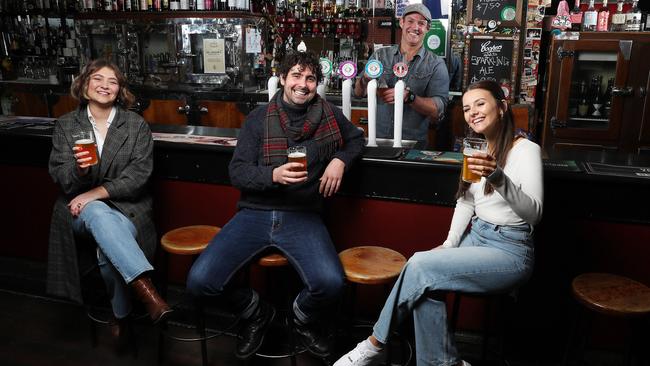 Publican of the Crown and Anchor Tom Skipper with patrons Charlotte Culshaw, John Stamatakis and Amaya Diaz. Picture: Sarah Reed