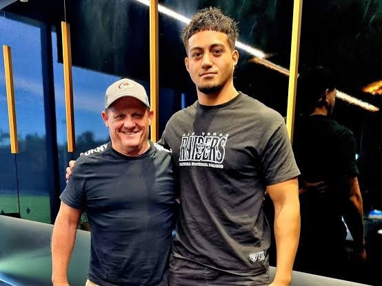Broncos coach Kevin Walters with Va'a Semu. Credit: Supplied.