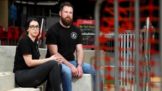 Lady Burra Brewhouse’s Tom Broomhead and Arna Reed next to the construction work in Topham Mall. Picture: Simon Cross