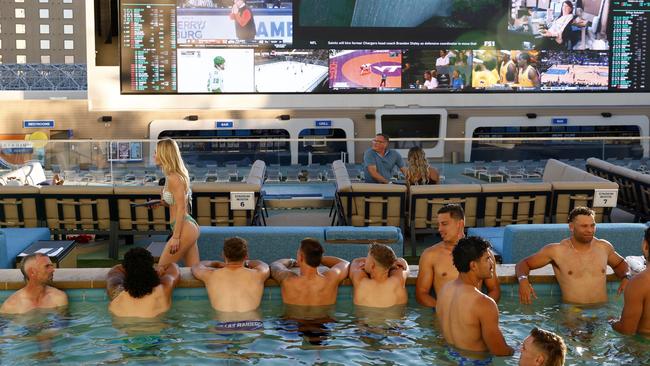 DAILY TELEGRAPH FEBRUARY 21, 2025. Canberra Raiders players going for a swim at Stadium Swim in Las Vegas. Picture: Jonathan Ng