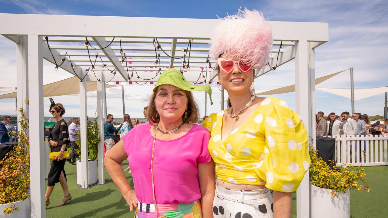 Oksana Caretti and Lana Kendjaeva at the 2023 Adelaide Cup at Morphettville Racecourse. Picture: Ben Clark