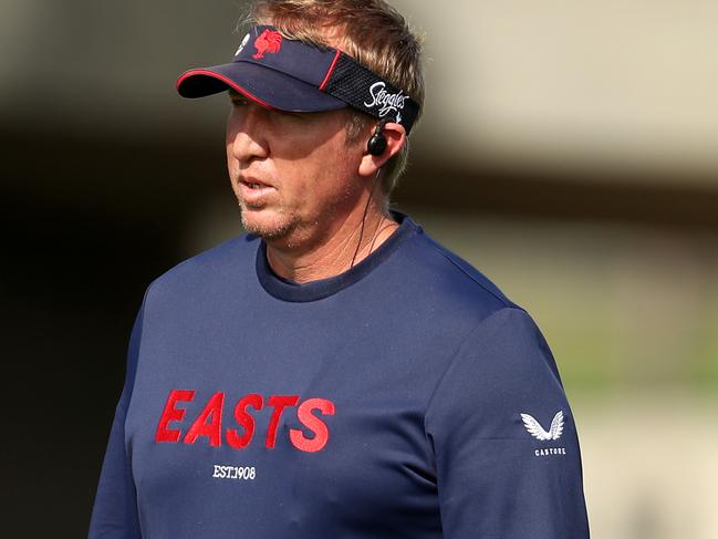 SYDNEY, AUSTRALIA - MAY 11: Roosters coach, Trent Robinson looks on during a Sydney Roosters NRL training session at Kippax Lake on May 11, 2021 in Sydney, Australia. (Photo by Brendon Thorne/Getty Images)