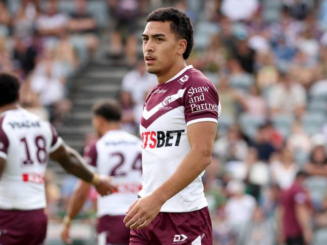 FEBRUARY 11, 2024:  Manlys Levi Hopoate pictured in the second half of the NRL trial game Manly Vs South Sydney. Industree Group Stadium, Gosford. Picture: Damian Shaw