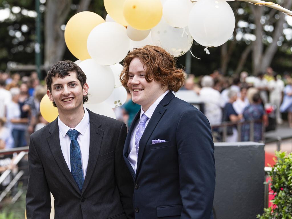 Ryder Newbery (left) and Tyler McCurley at Centenary Heights State High School formal at Picnic Point, Friday, November 15, 2024. Picture: Kevin Farmer