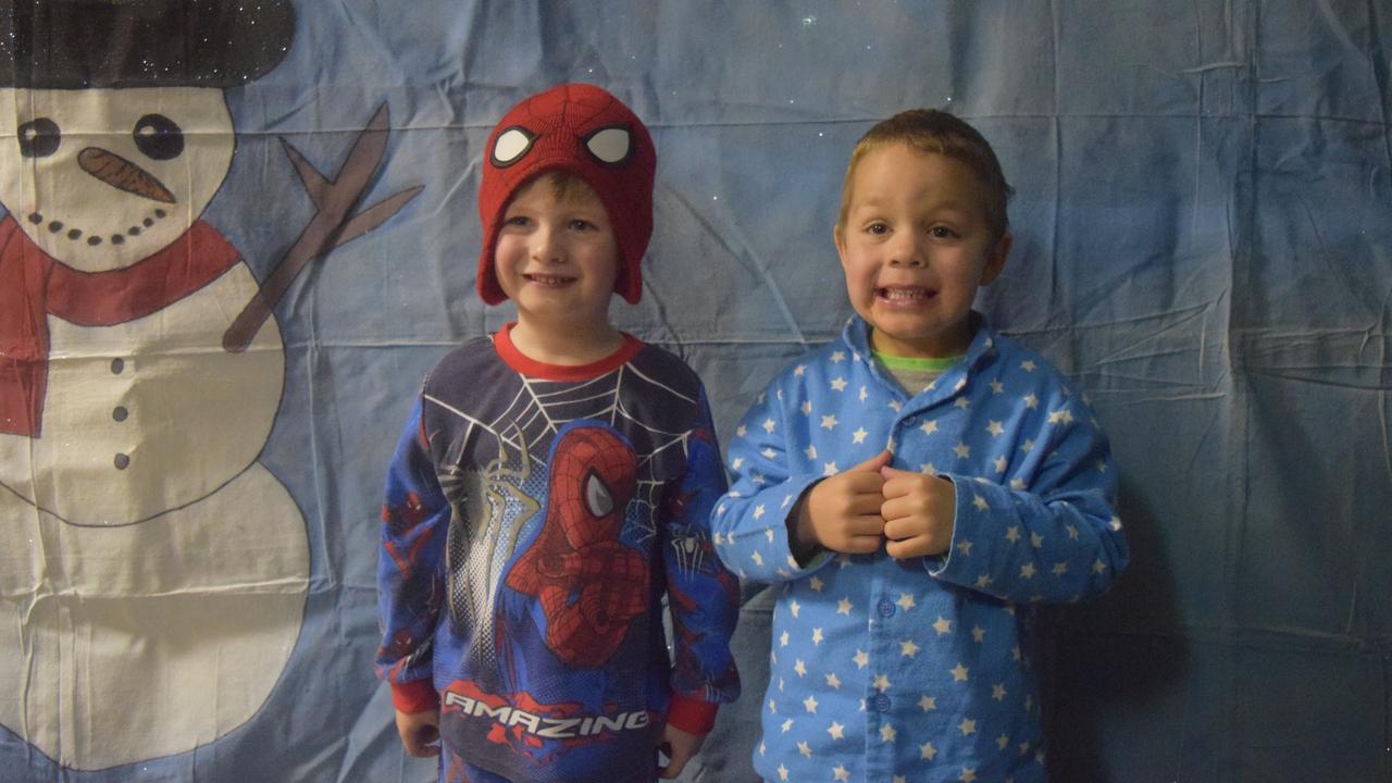 Ethan Cosmo and Charlie Alldridge in their PJs at the Blue Light Disco. Photo: Alex Nolan / Stanthorpe Border Post