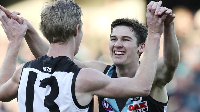 RISING STAR RUNNER-UP: Port Adelaide’s Connor Rozee (right) celebrates a goal with teammate Todd Marshall. Picture SARAH REED.