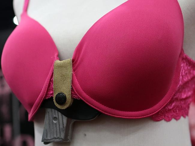 HOUSTON, TX - MAY 04: A bra with a built in concealed fireram holster made by Flashbang Holsters is displayed during the 2013 NRA Annual Meeting and Exhibits at the George R. Brown Convention Center on May 4, 2013 in Houston, Texas. More than 70,000 peope are expected to attend the NRA's 3-day annual meeting that features nearly 550 exhibitors, gun trade show and a political rally. The Show runs from May 3-5. Justin Sullivan/Getty Images/AFP== FOR NEWSPAPERS, INTERNET, TELCOS & TELEVISION USE ONLY == Picture: Afp