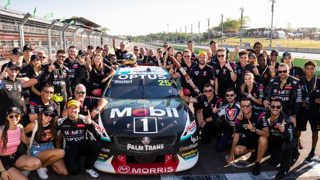 The Chaz Mostert team celebrate their race 3 victory before things hotted up at a farewell party for a prominent TV broadcast member.