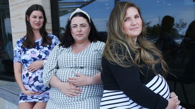 Jessica Jehu, Cindy Westlake Kelly and Nikita Burke are calling for Epworth’s maternity ward closure to be reconsidered. Picture: Alan Barber