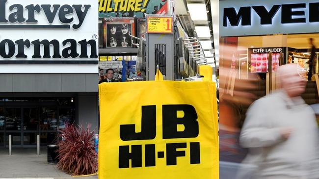 Harvey Norman, JB HiFi and Myer. Picture: NewsWire