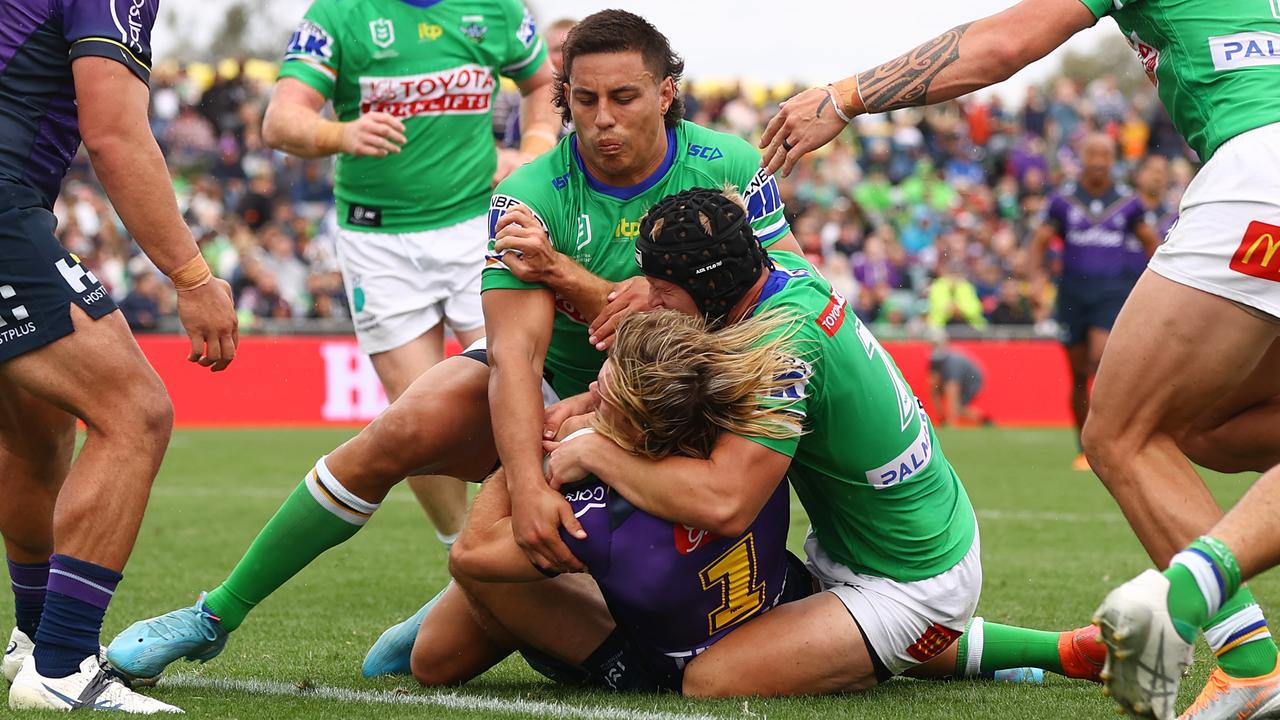 Ryan Papenhuyzen is pulled up short of the try line. Picture: Mark Nolan/Getty Images