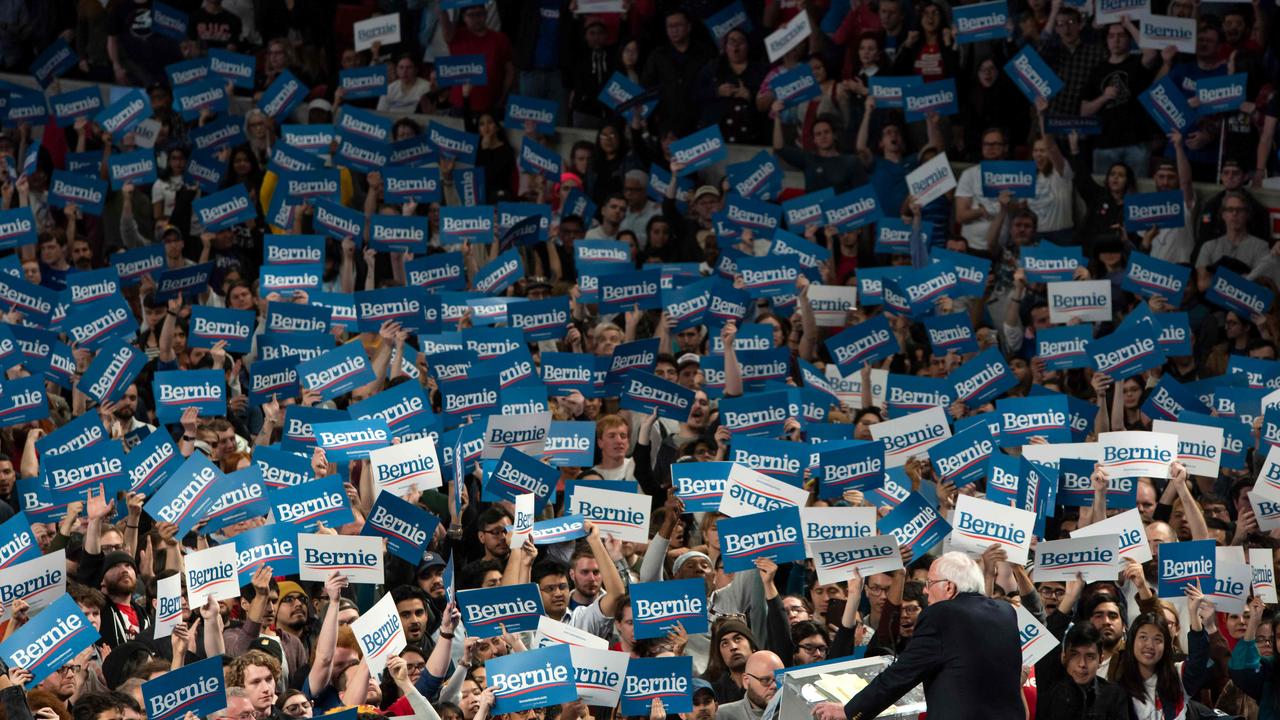 A sea of ‘Bernie’ signs greets Mr Sanders at a rally in Austin, Texas. Picture: Nick Wagner/Austin American-Statesman via AP