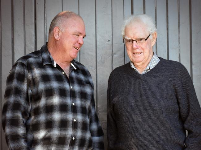 Current chairman of the NSW Cane Growers Council Ross Farlow with his predecessor Vince Castle (left) reunited for a special Cane Cutters Morning Tea in Harwood in 2021.