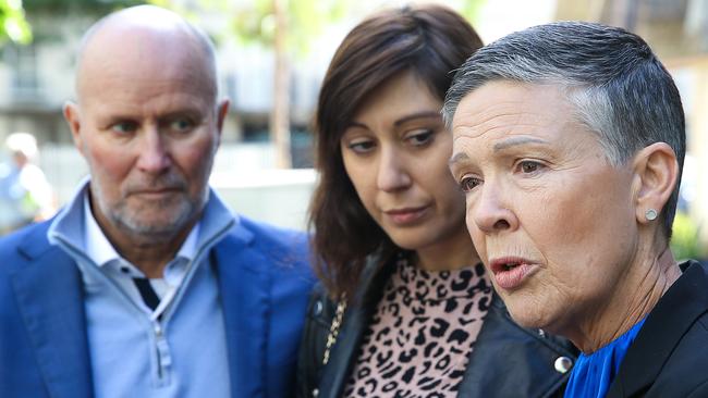 Ms Boglis (centre) with Jesse Bird’s parents John and Karen Bird. Picture: Ian Currie