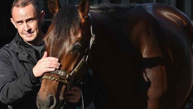 Chris Waller with his leading Melbourne Cup contender Preferment.