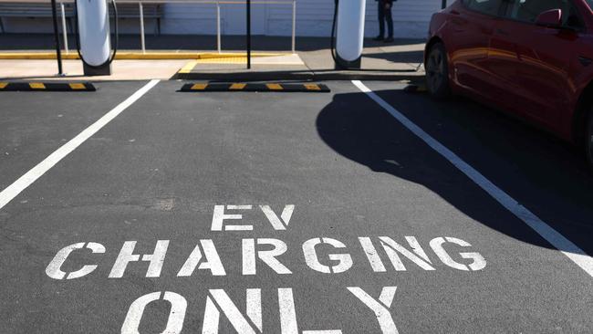 A Tesla Supercharger station sits empty. Picture: Justin Sullivan/Getty Images/AFP.