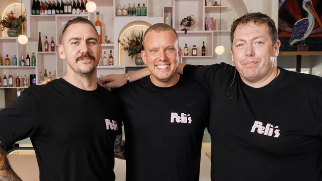 Jeremiah Jones, Matt Sinclair and Mo Rickard at their new restaurant Peli’s. Picture: Lachie Millard