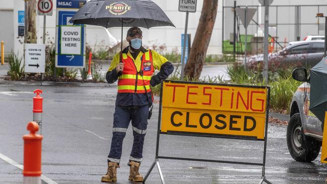 A testing centre at Melbourne’s Albert Park reaches capacity on Sunday morning. Picture: David Geraghty