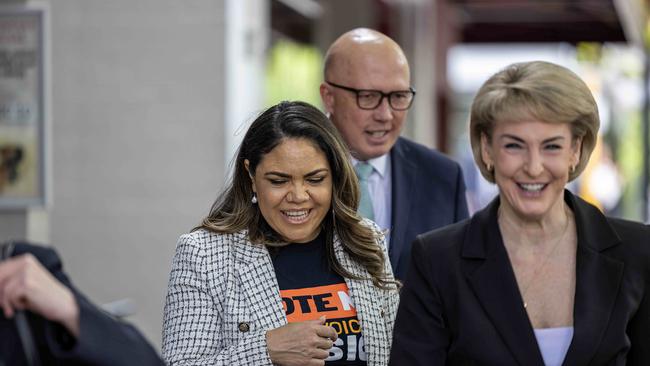 Leader of the Opposition Peter Dutton, Senator Michaelia Cash and Shadow Minister for Indigenous Australians Senator Jacinta Nampijinpa Price in Perth earlier this year. Picture: Colin Murty