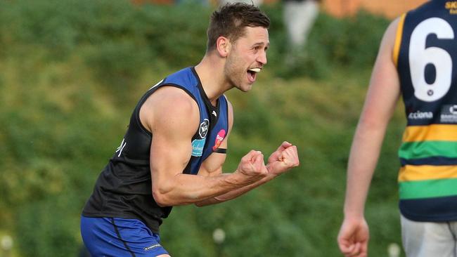 Kieran Harper celebrates a goal for Uni Blues. Picture: Hamish Blair