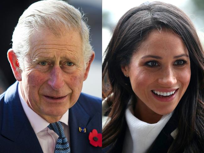 (COMBO) This combination of file pictures created on May 18, 2018 shows Britain's Prince Charles, Prince of Wales arriving at the Natural History Museum in London on November 02, 2016 and Britain's Prince Harry's fiancee US actress Meghan Markle greeting well-wishers as she arrives with the prince at Millennium Point to attend an event hosted by social enterprise Stemettes to celebrate International Women's Day in Birmingham on March 08, 2018.  Prince Charles will walk Meghan Markle down the aisle during her marriage to his son Prince Harry after her father pulled out of the ceremony for health reasons, Kensington Palace announced on May 18, 2018."Ms Meghan Markle has asked His Royal Highness The Prince of Wales to accompany her down the aisle... on her wedding day," said a palace statement.  / AFP PHOTO / POOL / Jack Taylor AND HANNAH MCKAY