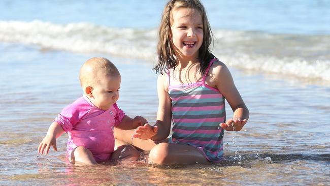 Vivienne, eight months and Sierra of Hove in the water at Brighton first thing on Thursday morning. Picture: Stephen Laffer