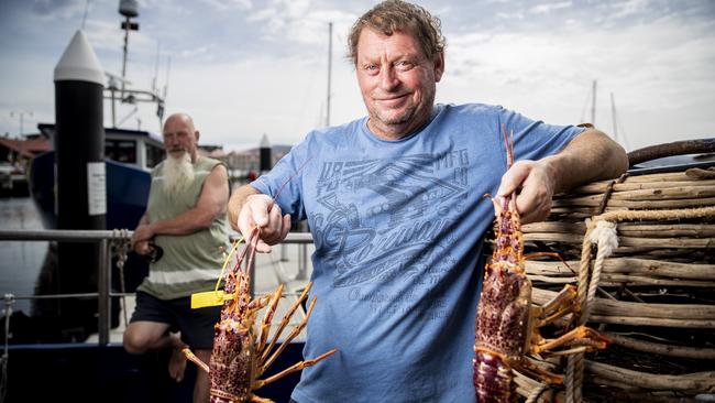 Marie 1 captain Stephen Bradshaw. Local crayfish for sale on Hobarts waterfront as fishermen look for alternatives to export. Picture: RICHARD JUPE