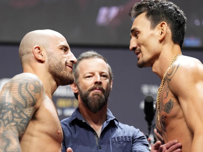 Volkanovski faces off with Max Holloway after weighing in for their trilogy bout last year. Picture: Chris Unger/Zuffa LLC