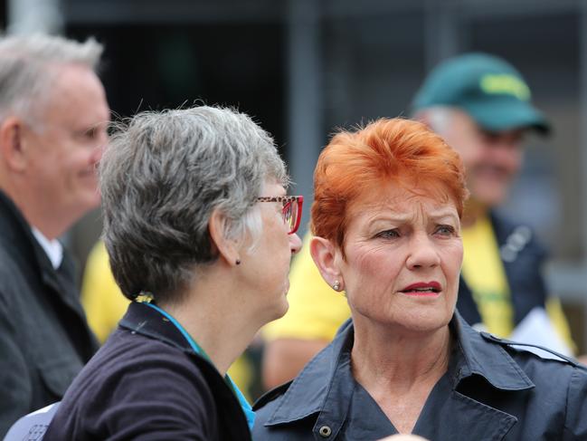 One Nation leader Pauline Hanson has thrown her support behind construction workers who oppose mandatory vaccinations. Picture: NCA NewsWire/Peter Lorimer.