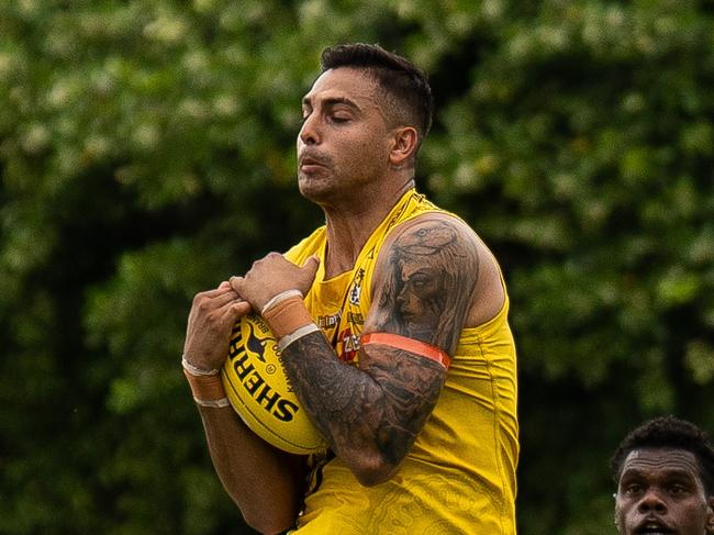 Kye Declase playing for the Nightcliff Tigers in the 2024-25 NTFL season. Picture: Jack Riddiford / AFLNT Media