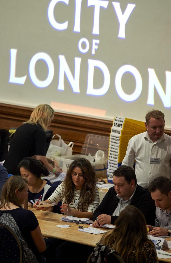 Vote counting staff at The Royal Horticultural Halls in central London.